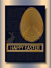 happy Easter greeting card in Art-Deco style, black and  golden colors