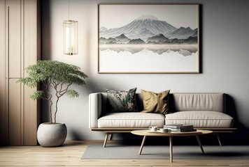 Poster frame mockup in modern interior background, living room.