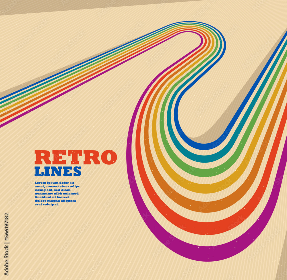 Poster retro style abstract background with curve lines in all colors of rainbow, 3d dimensional seventieth