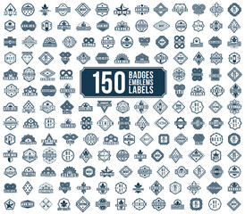 150 premium best quality vector emblems big set, black and white badges and logos collection for different products and business, classic graphic design elements, insignias and awards.