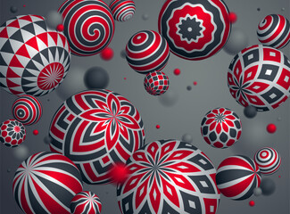 Abstract spheres vector background, composition of flying balls decorated with patterns, 3D mixed variety realistic globes with ornaments, realistic depth of field effect.