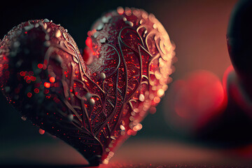 Beautiful red ornate glittering heart on a dark glowing background, love, valentine, Generative AI