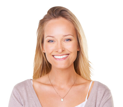 Closeup of a lovely young blonde woman smiling isolated on a PNG background.