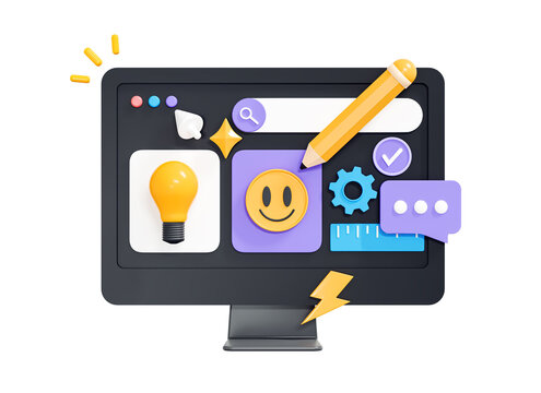 3D Digital designer concept. Computer monitor with graphic design tools. Create content. Web UI and UX program interface. Cartoon creative illustration isolated on white background. 3D Rendering
