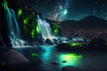 Fototapeta na wymiar Natural waterfall with rocks and green moss in night. Generative Ai.
