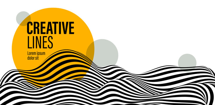 Abstract vector 3D lines with yellow circle background, black and white curves linear perspective dimensional terrain optical pattern.