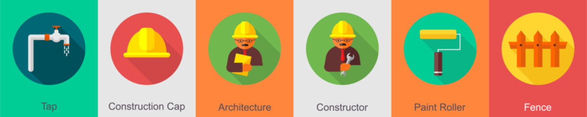 A set of 6 construction icons as tap, construction cap, architecture