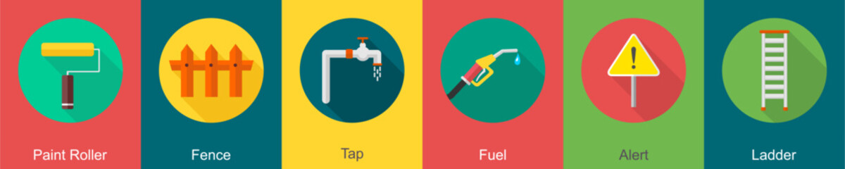 A set of 6 construction icons as paint roller, fence, tap