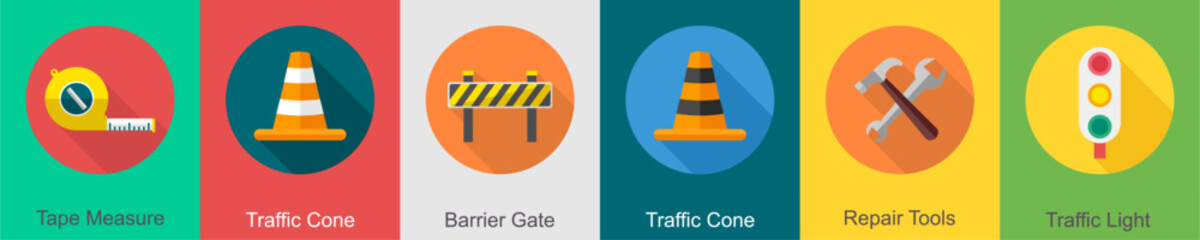 A set of 6 construction icons as tape measure, traffic cone, barrier gate