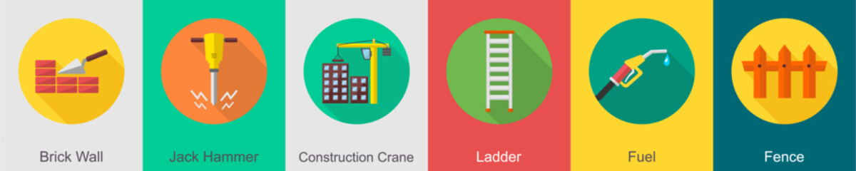 A set of 6 construction icons as brick wall, jack hammer, construction crane