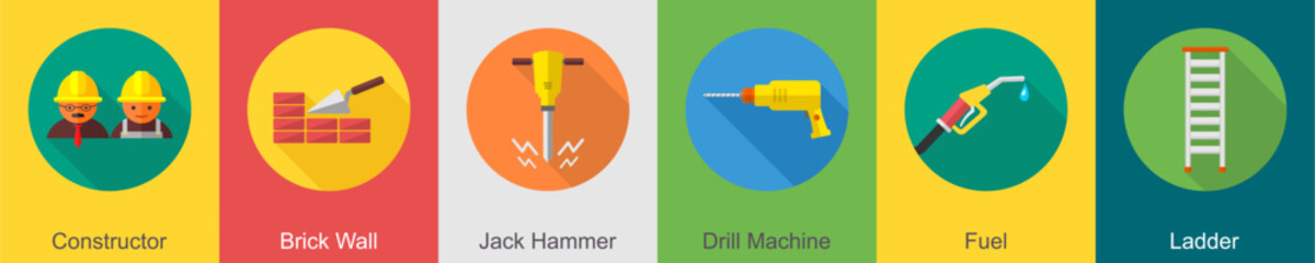 A set of 6 construction icons as constructor, brick wall, jack hammer