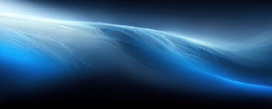 Light flare blur background. Atmosphere wave. Defocused neon blue white color glow on dark black abstract design illustration with free space.