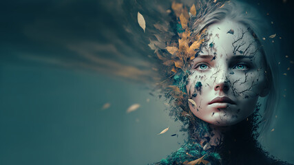 Surreal woman with natural elements over her face. Conceptual Imaginative portraits evoking different moods, emotions and feelings. Generative ai