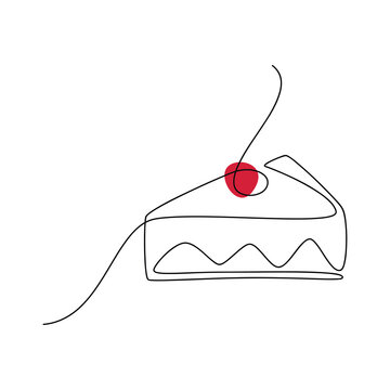 recommend clip art: Piece of cake with red cherry vector one line continuous drawing illustration. Hand drawn linear silhouette icon. Minimal design element for print, banner, greeting card, brochure.