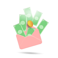 
An opened envelope with cash. Gift, accumulation, donation. 3D vector illustration.