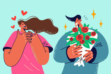 Naklejka premium Loving man present flowers to excited woman 