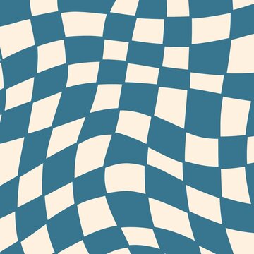 Twisted colourful checkered background abstract aesthetic vector illustration seamless pattern retro 1970s wavy psychedelic checkerboard blue white beige colours wallpaper high quality