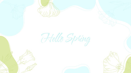Hello Spring. Trendy abstract background with fluid shapes and floral element in pastel green, blue colors. Modern line wave for presentation, poster, blog, wallpaper, wedding. Vector illustration.