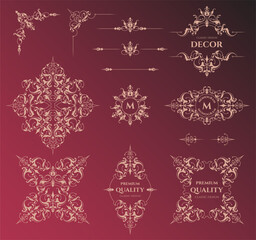 Set of decorative title borders, frames, corners and monograms.  Graphic design page. Ornamental pattern.