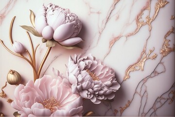Marble flowers texture. Pink and gold flowers pattern. Generative AI