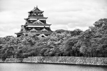 Hiroshima Castle, Japanese landmark. Black and white vintage style Japan photo.