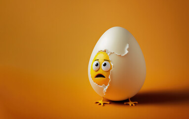 Fototapeta premium illustration of an egg on an orange background. the egg has hatched and the chick is surprised at what it sees outside. generative ai.