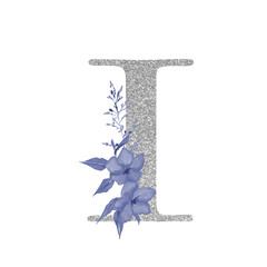 Silver number with navy blue watercolor floal bouquet, one