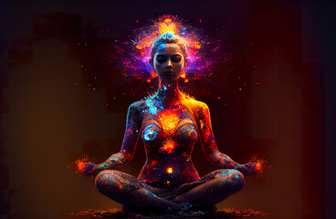 Young woman in yoga meditation with seven chakras and Yin Yang symbols generative ai        - obrazy, fototapety, plakaty