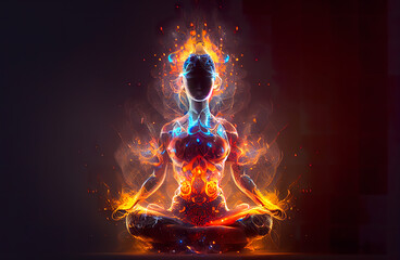  Surreal image of a woman in meditation, glowing with fiery chakras, promoting sound healing therapy, yoga, and mental health for stress relief and meditation Generative Ai  