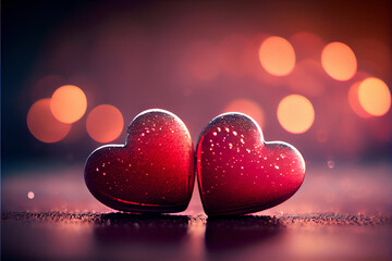 Valentines day: two romantic hearts in front of a bokeh background for falling in love - obrazy, fototapety, plakaty