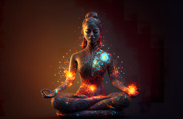artwork of a figure in a meditative yoga pose with ornate body art, glowing with energy and tranquility. generative ai         