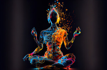 Colorful abstract artwork of a meditative figure with flowing lines and patterns, ideal for themes of mindfulness, spirituality, and inner peace. Generative Ai  