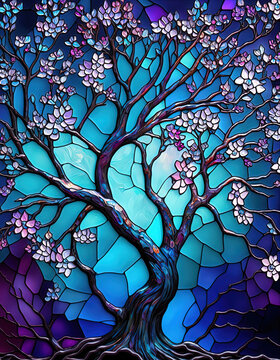 Shiny stained glass blossoming plum tree. Generative AI.
