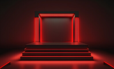Neon red product display showcase, mockup stage with stair step platform, glowing square background, 3d illustration