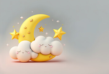 yellow Crescent moon with stars and cute clouds with smiles in smooth 3d style. Baby decoration with space for text for sleep products design. - obrazy, fototapety, plakaty