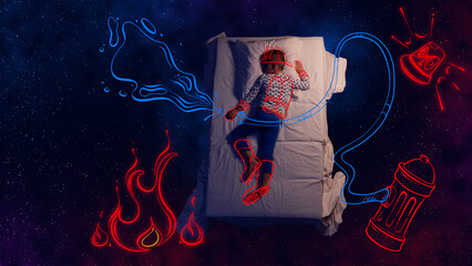 Creative design with line art on starry night background. Little boy, kid sleeping and dreaming of...
