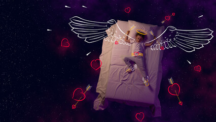 Creative design with line art over space background. Little boy, child sleeping and dreaming about...
