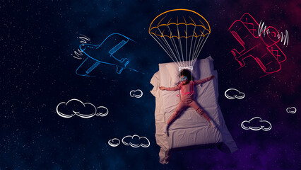 Creative design with line art on space background. Little smiling girl, child sleeping and flying...