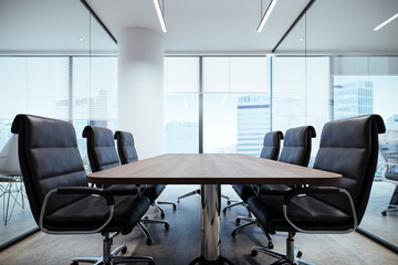 office meeting room with wide full window glass, 3d rendering