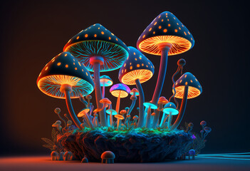 Ai-Generated 3D Neon Artistic Render of a Unique and Vibrant Psychedelic Fantasy: Illuminated Mushrooms in Bright Colorful Artistry