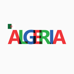 Algeria's colorful typography with its national flag. North African country typography.