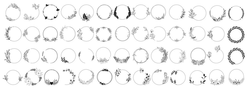 Big set of floral round frames. Vector illustration set