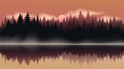 Vector dark forest background texture, silhouette of coniferous forest, vector. Season trees by the lake, reflection in the water spruce, fir. Horizontal autumn landscape. Summer evening with sunset.