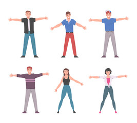 Fototapeta premium Cheerful Young Man and Woman Standing with Wide Open Arms as Welcome and Solidarity Gesture Vector Set