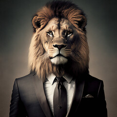 Portrait of a lion dressed in a formal business suit, majestic, square, generative ai