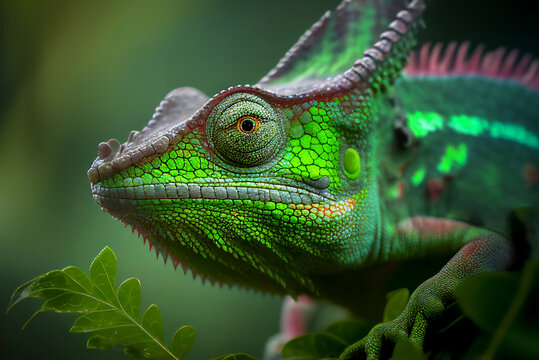 Green Chameleon Close Up. Generative Ai