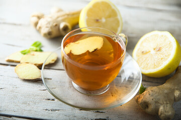Healthy warming ginger tea with lemon