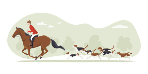 Horse hunting with dogs over cross country, vector illustration