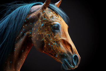 Neural network of a horse with big data and artificial intelligence circuit board in the head of the equine animal, outlining concepts of a digital brain, computer Generative AI stock illustration
