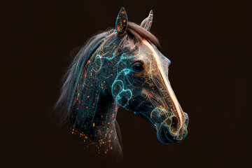 Fototapeta na wymiar Neural network of a horse with big data and artificial intelligence circuit board in the head of the equine animal, outlining concepts of a digital brain, computer Generative AI stock illustration 